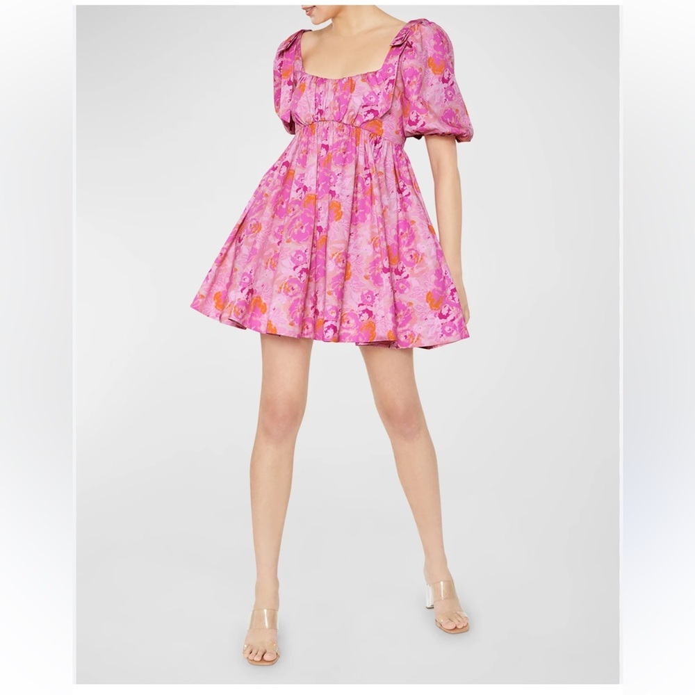 Likely REVOLVE Pink Floral Puff Sleeve Mini Dress Tie Back Size 8
